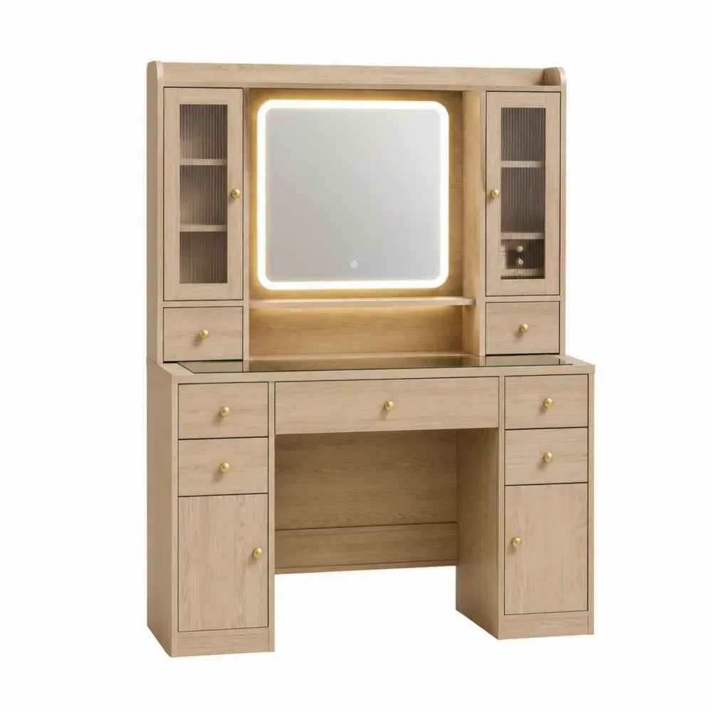 Tocador rectangular de MDF efecto madera natural con espejo LED cajones armarios y tiradores dorados 120 x 45 x 140 cm
