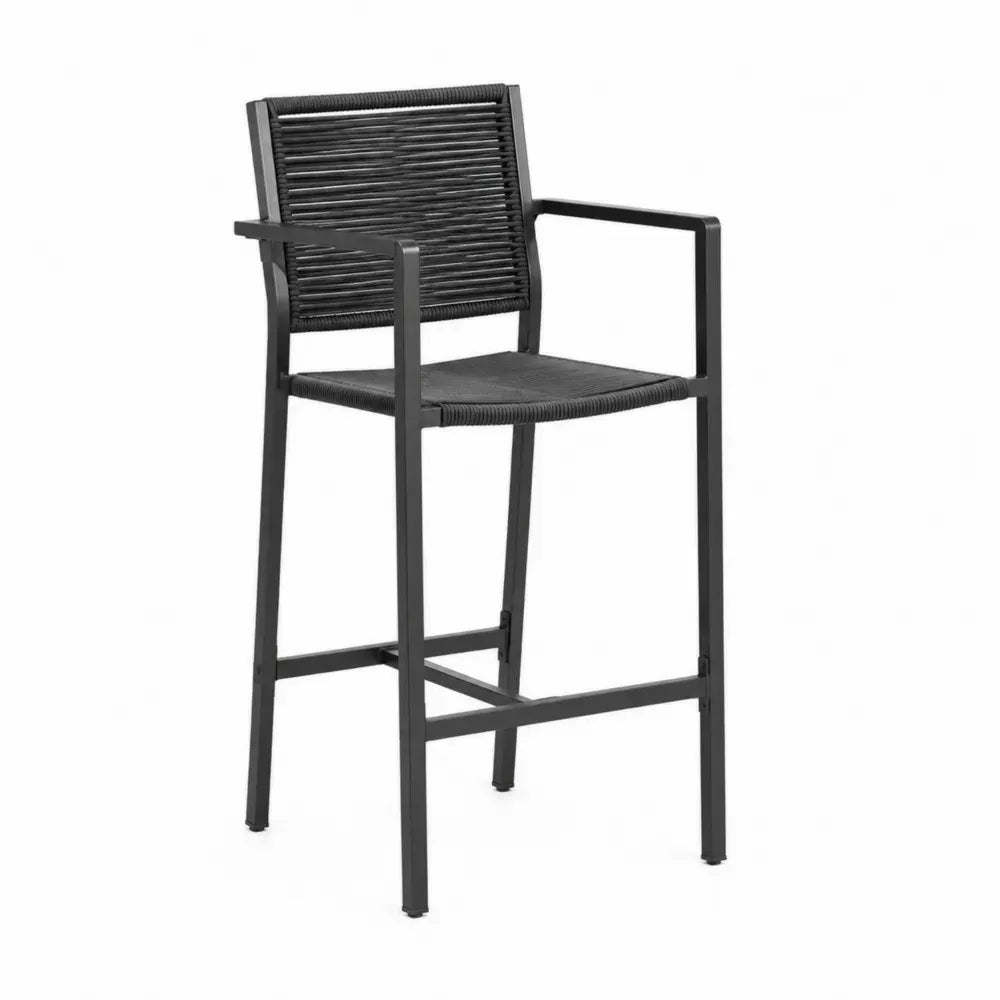 Taburete alto de exterior de acero negro con asiento y respaldo trenzados en PE 55 x 60 x 105 cm