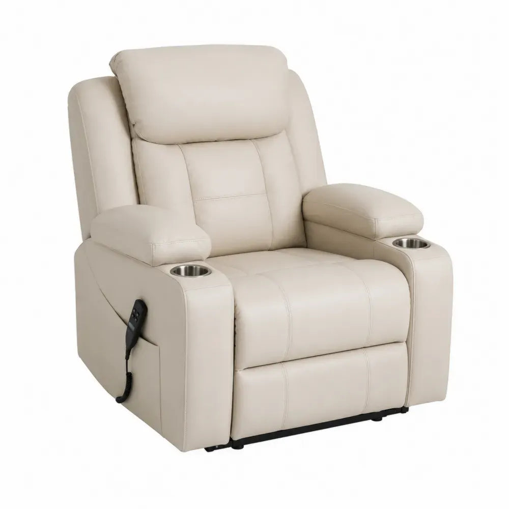 sillón reclinable eléctrico con portavasos tapizado en cuero sintético PU color beige estructura metálica reposapiés integrado 90 cm