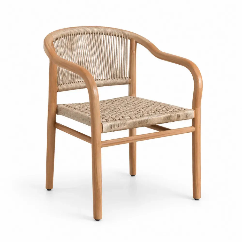 Silla de exterior de madera de acacia natural con asiento y respaldo de cuerda trenzada beige 55 x 55 x 78 cm