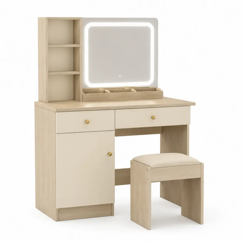 Tocador rectangular de MDF efecto madera clara con espejo LED taburete cajones estantes y puerta crema 120 x 45 x 140 cm