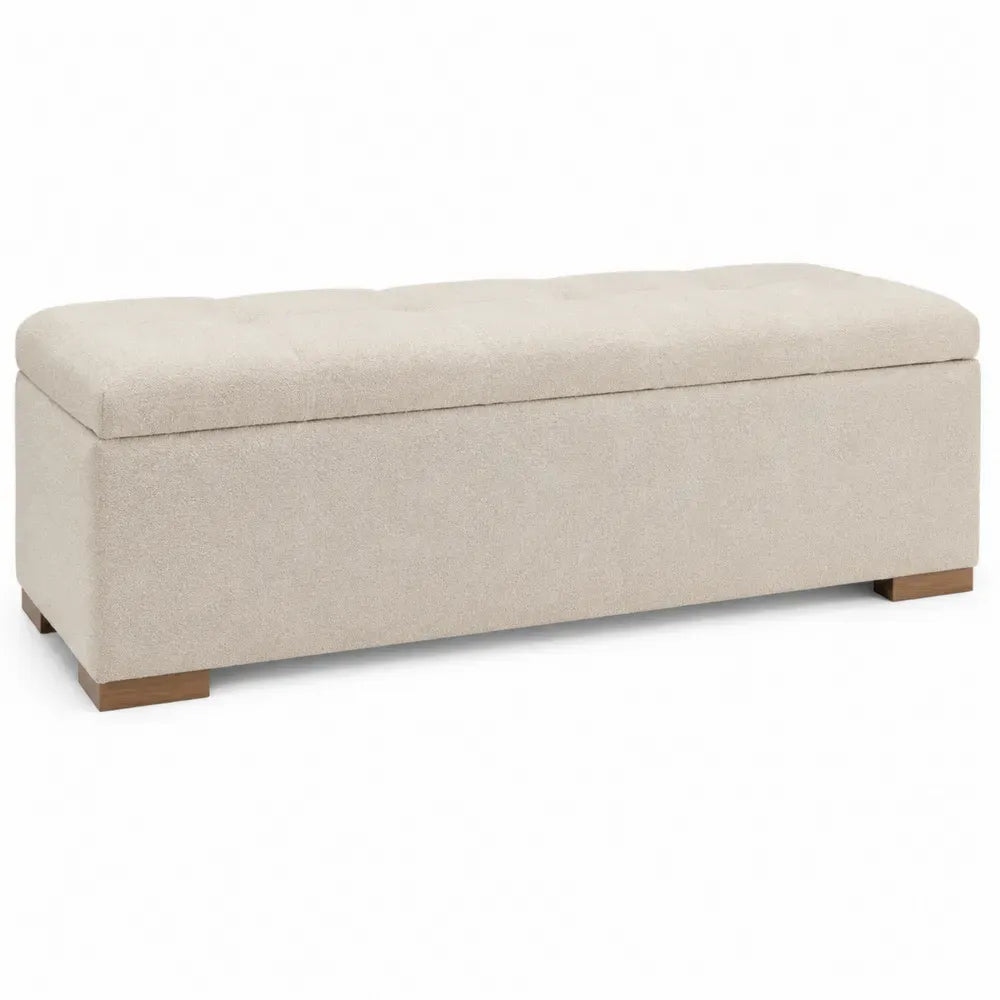 Banco de almacenamiento tapizado en tejido de poliéster beige con tapa abatible y patas de madera 110 x 45 x 45 cm