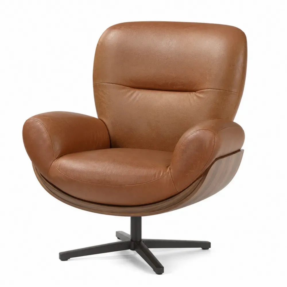 Sillón giratorio acolchado tapizado en piel sintética PU marrón con carcasa de madera y base metálica negra en cruz 78 x 78 x 85 cm