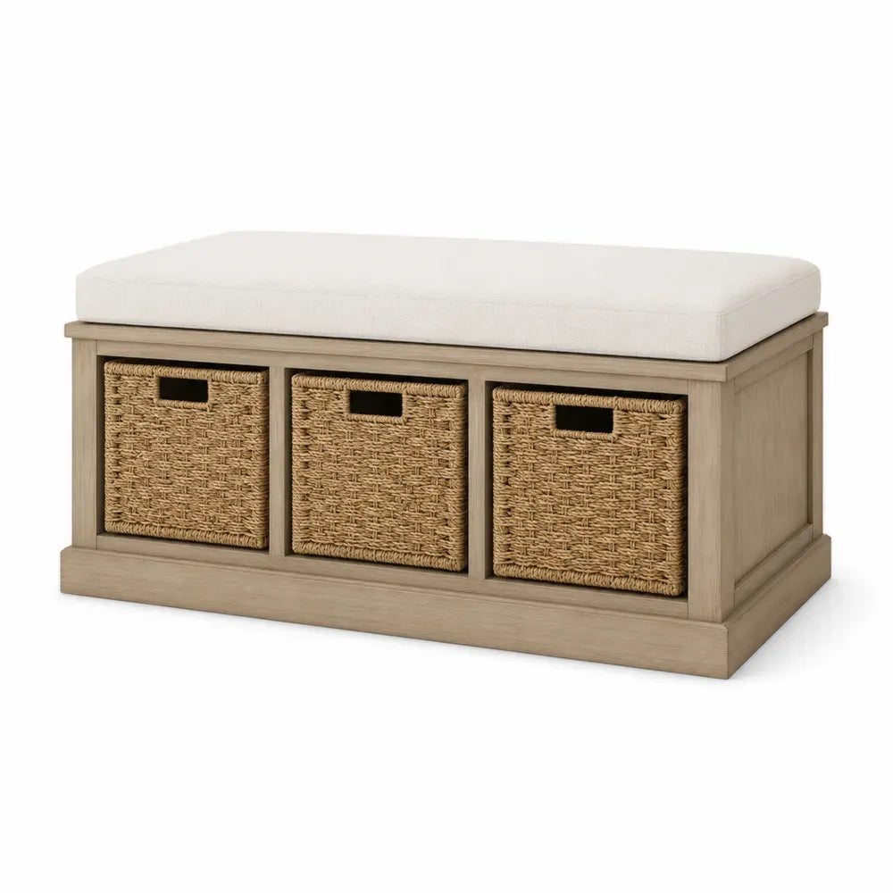 Banco de almacenamiento con 3 cestas extraíbles asiento acolchado madera natural estructura MDF fibra trenzada 110 cm 40 cm 45 cm