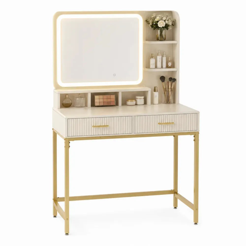 Tocador rectangular de MDF crema con espejo LED estantes laterales dos cajones y estructura metálica dorada 120 x 40 x 140 cm