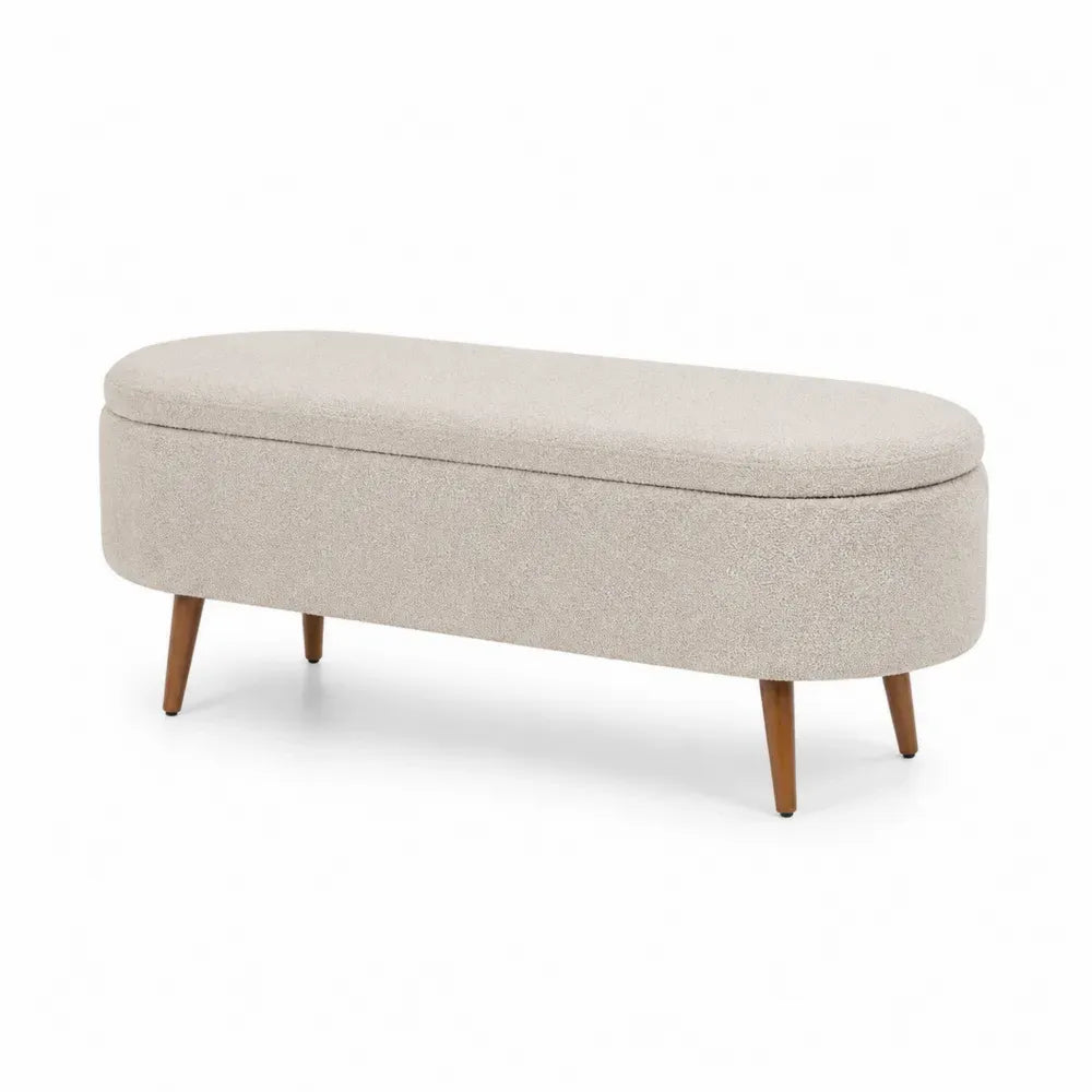 Banco de almacenamiento tapizado tejido poliéster beige estructura MDF patas de madera maciza tapa abatible 100 cm 40 cm 45 cm