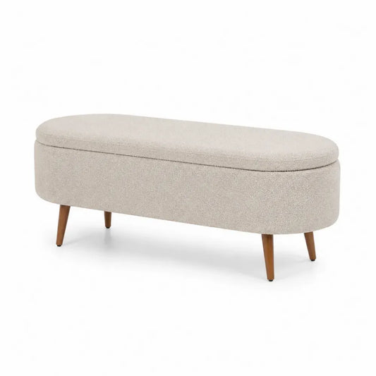 Banco de almacenamiento tapizado tejido poliéster beige estructura MDF patas de madera maciza tapa abatible 100 cm 40 cm 45 cm