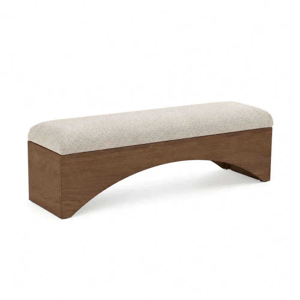 Banco rectangular tapizado en tejido de poliéster beige con base de MDF efecto madera marrón y abertura curva 140 x 40 x 45 cm