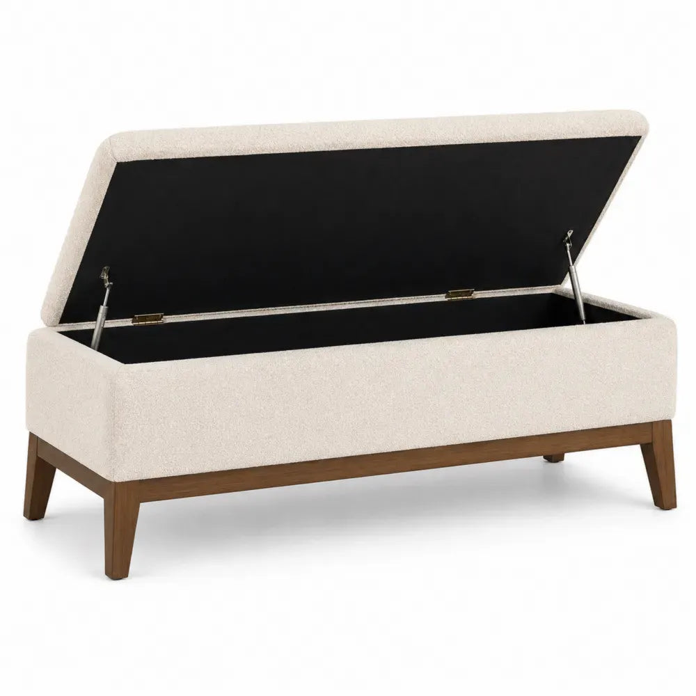 Banco de almacenamiento con tapa abatible tapizado en tejido bouclé beige con patas de madera 100 x 40 x 45 cm
