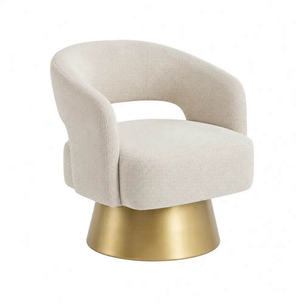 Sillón giratorio con asiento acolchado tapizado en tela de poliéster beige respaldo envolvente abierto y base cilíndrica de acero dorado 75 x 72 x 68 cm
