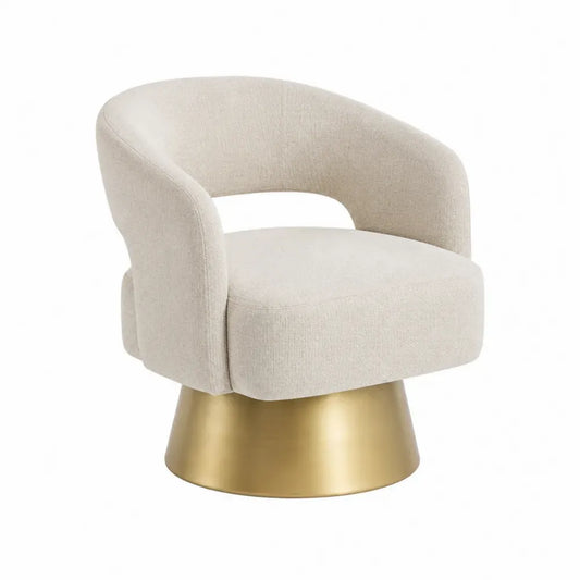 Sillón giratorio con asiento acolchado tapizado en tela de poliéster beige respaldo envolvente abierto y base cilíndrica de acero dorado 75 x 72 x 68 cm