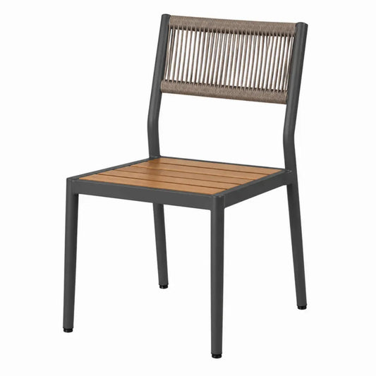 Silla de exterior de metal negro con asiento de madera y respaldo de cuerda trenzada sin reposabrazos 56 cm 60 cm 85 cm