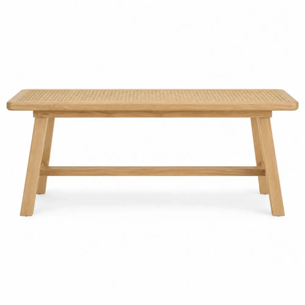 Banco rectangular de madera de caucho natural clara con asiento de ratán tejido 100 x 35 x 45 cm
