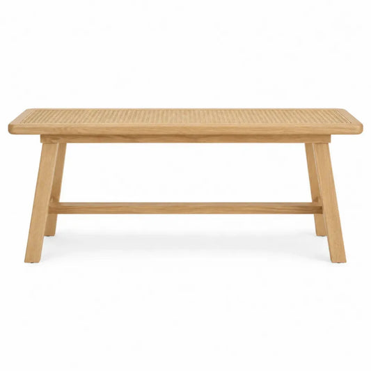 Banco rectangular de madera de caucho natural clara con asiento de ratán tejido 100 x 35 x 45 cm