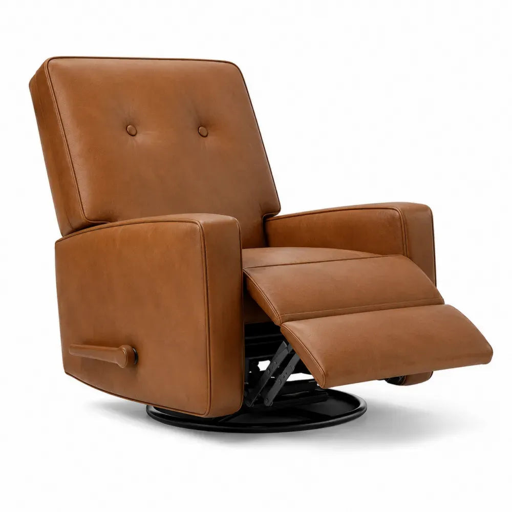 Sillón reclinable giratorio tapizado en piel sintética PU marrón con reposapiés manual respaldo acolchado y base circular de acero negro 90 x 95 x 100 cm