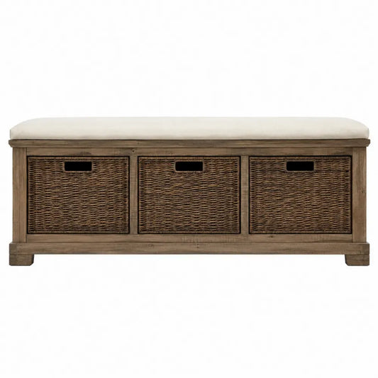 Banco de almacenamiento madera natural con 3 cestas extraíbles asiento acolchado estructura de madera maciza y fibras trenzadas 120 cm 40 cm 50 cm