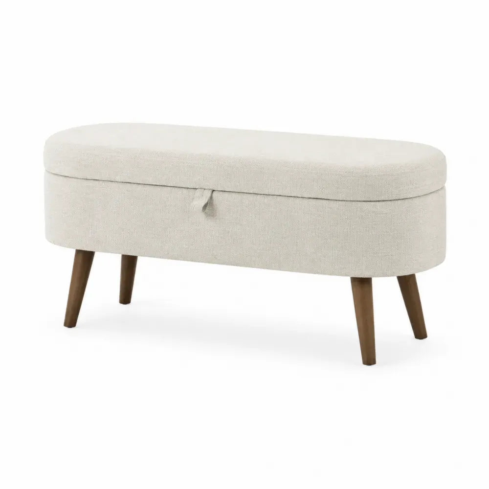 Banco baúl rectangular tapizado en tejido de poliéster beige con almacenaje y patas de madera marrón 120 x 40 x 50 cm