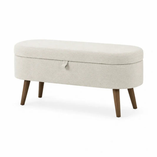 Banco baúl rectangular tapizado en tejido de poliéster beige con almacenaje y patas de madera marrón 120 x 40 x 50 cm