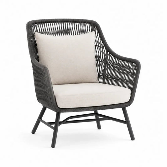 Sillón de exterior de ratán sintético negro con cojines beige y estructura de acero 70 x 75 x 80 cm
