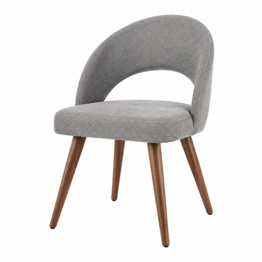 Silla tapizada en tela de poliéster gris con respaldo curvo abierto asiento acolchado y patas de madera marrón 58 x 56 x 78 cm