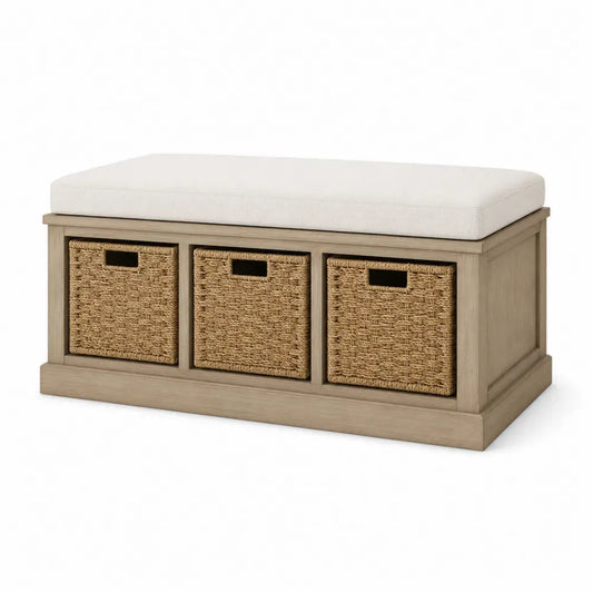 Banco de almacenamiento con 3 cestas extraíbles asiento acolchado madera natural estructura MDF fibra trenzada 110 cm 40 cm 45 cm