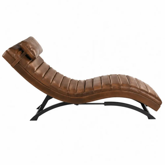 Tumbona chaise longue tapizada en piel sintética PU marrón con cojín de cabeza y base curva de acero negro 175 x 65 x 82 cm