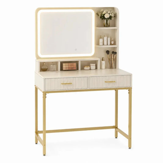 Tocador rectangular de MDF crema con espejo LED estantes laterales dos cajones y estructura metálica dorada 120 x 40 x 140 cm
