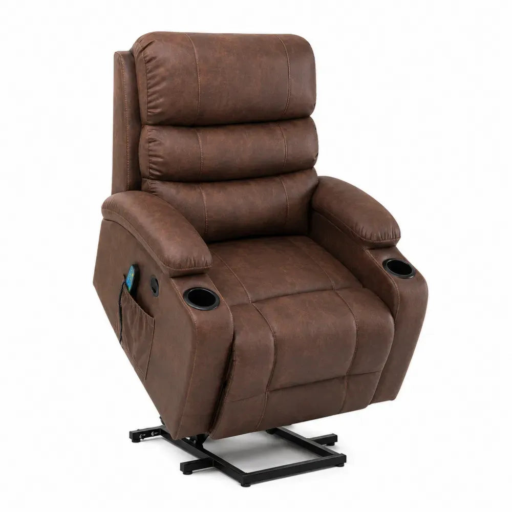 Sillón reclinable elevador eléctrico tapizado en piel sintética PU marrón con portavasos bolsillo lateral mando con cable y base de acero negro 90 x 95 x 110 cm