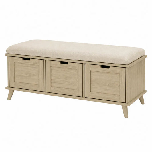 Banco de almacenaje rectangular de MDF color madera natural con cojín beige y 3 compartimentos frontales 120 x 40 x 50 cm