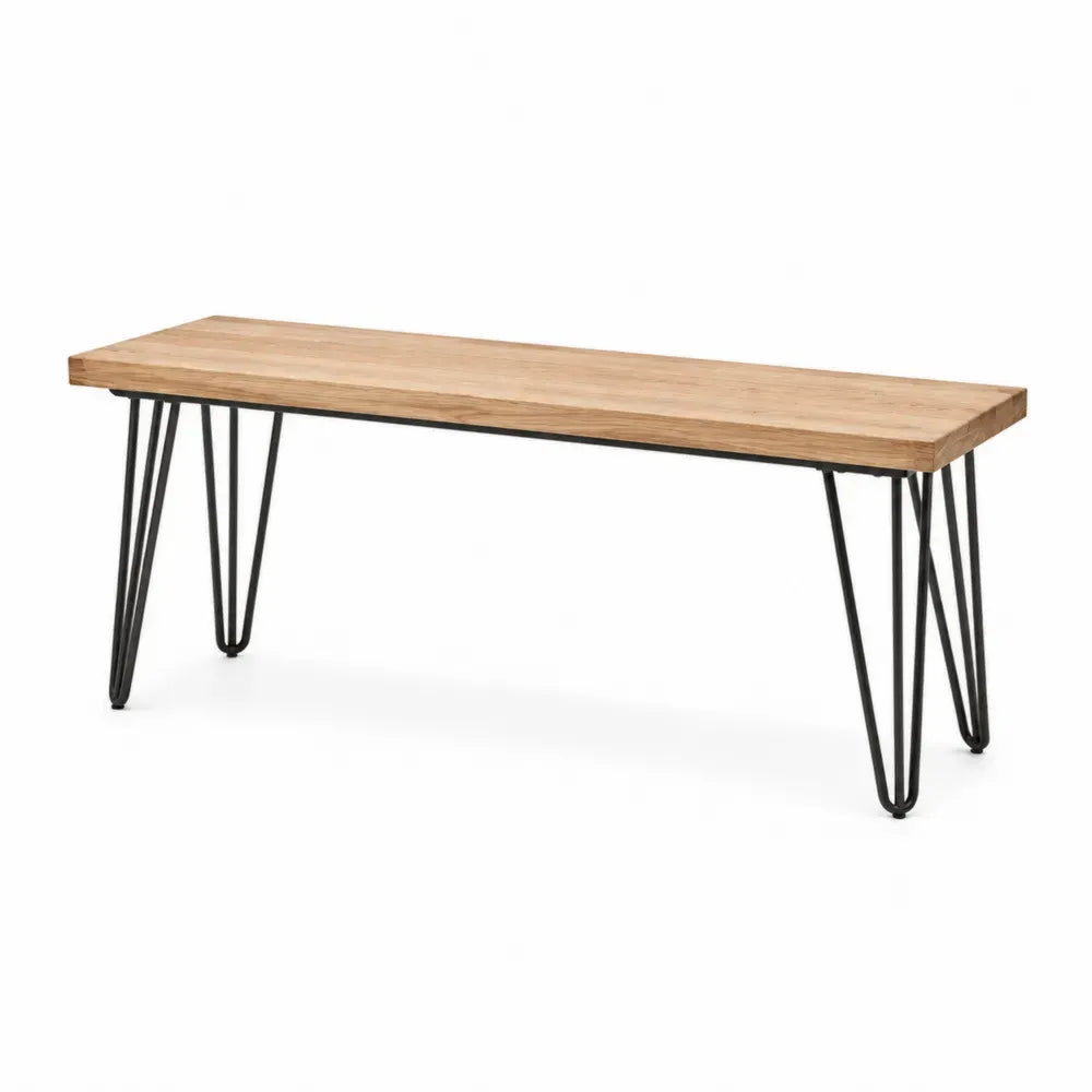 Banco de salón de madera natural con patas metálicas negras estilo industrial 120 cm 35 cm 45 cm