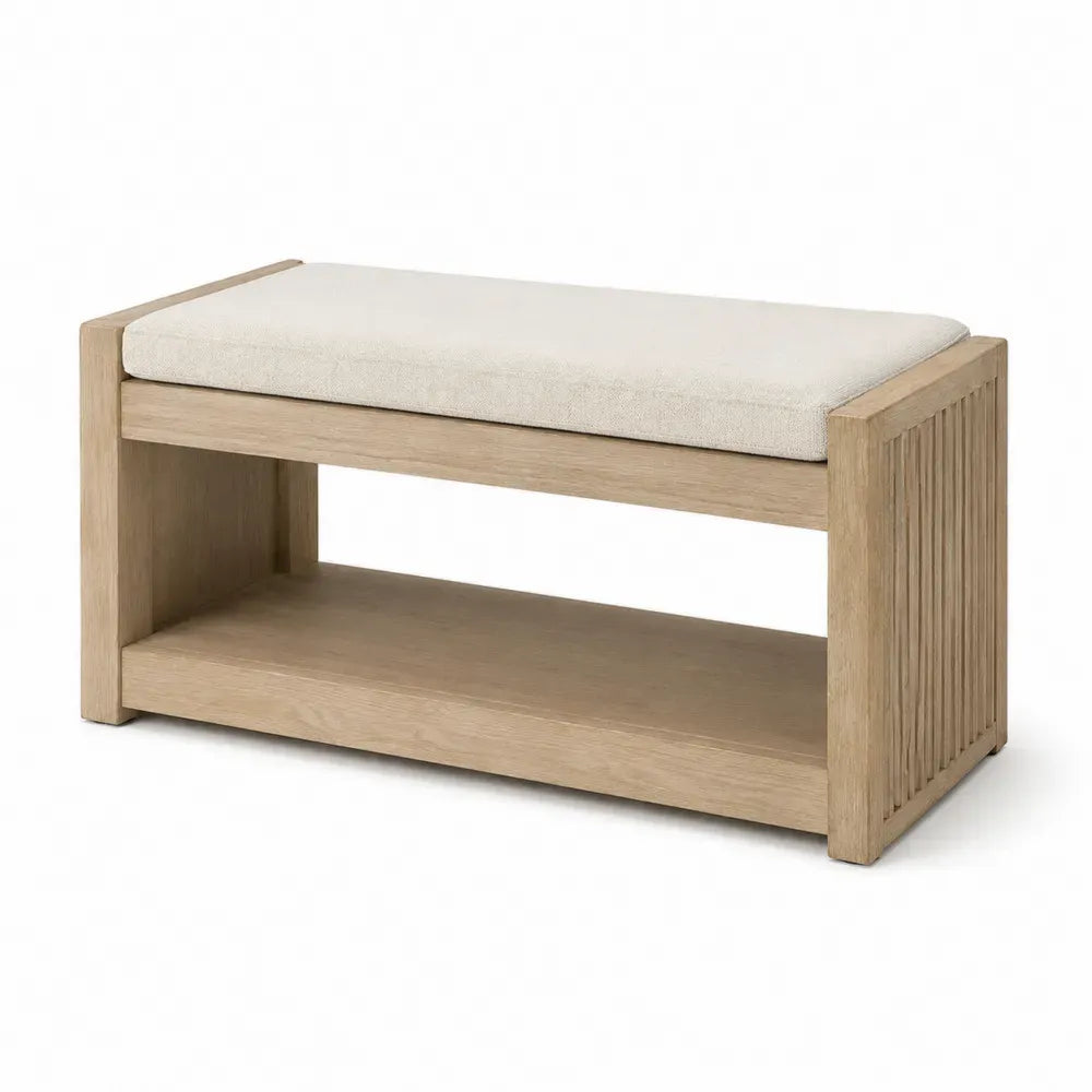 Banco de almacenaje tapizado en tejido beige con estructura de madera natural y estante inferior abierto 120 x 40 x 45 cm