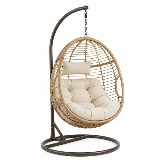 Silla colgante tipo huevo de ratán PE beige natural con soporte de acero marrón oscuro y cojín beige claro 105 x 105 x 195 cm