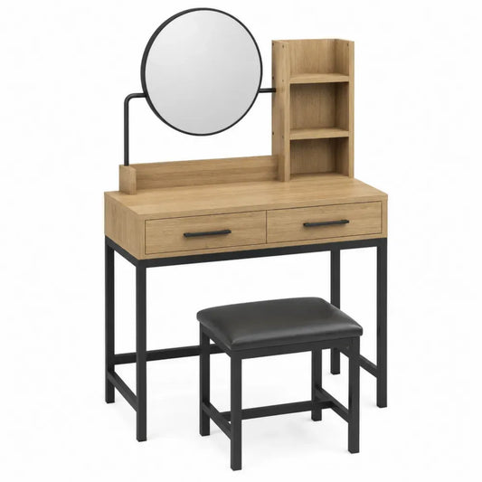 tocador de maquillaje 100 cm madera roble metal negro con espejo redondo cajones dobles estante lateral y taburete