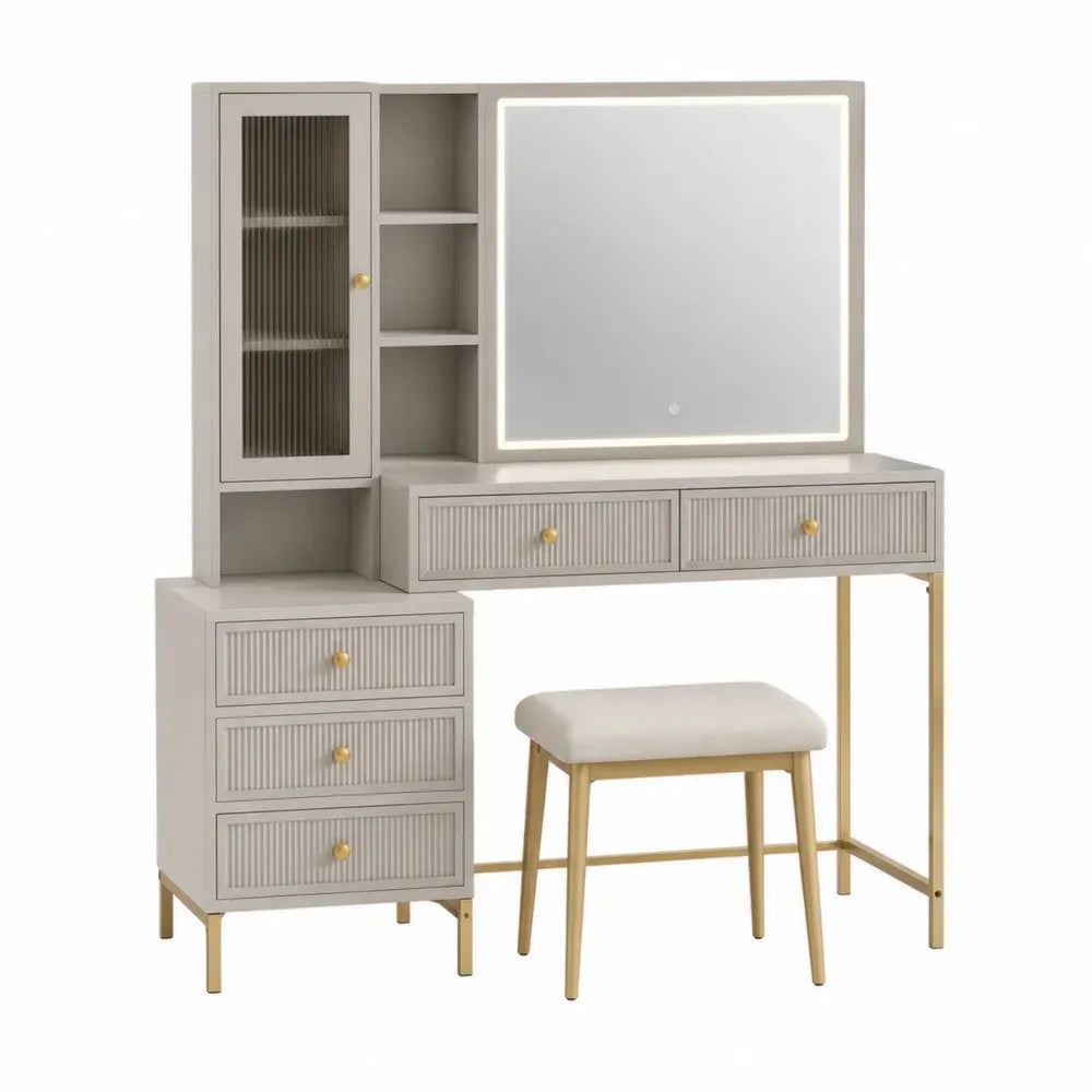 Tocador con espejo LED mesa de maquillaje con armario lateral cajones múltiples y taburete MDF melamina color beige gris claro 120 cm x 40 cm x 140 cm