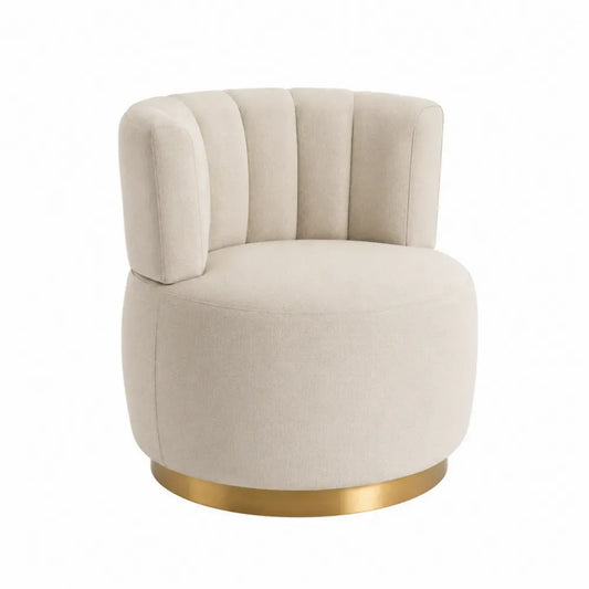 Sillón giratorio tapizado en tejido bouclé de poliéster beige con respaldo acanalado asiento redondo y base circular de acero dorado 75 x 75 x 78 cm