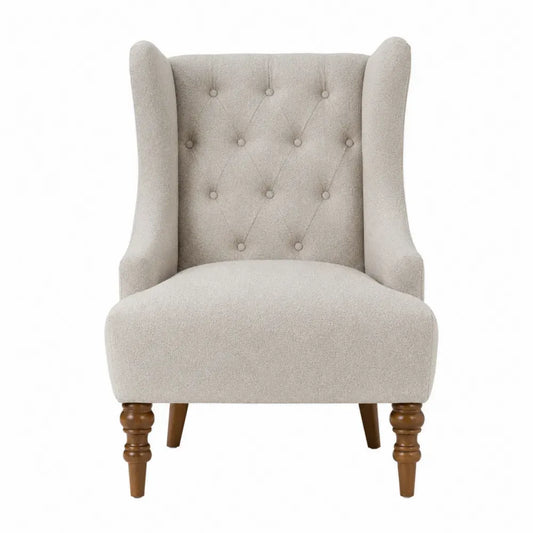 Sillón orejero tapizado en tela de poliéster beige con respaldo capitoné reposabrazos altos y patas de madera marrón 75 x 90 x 100 cm